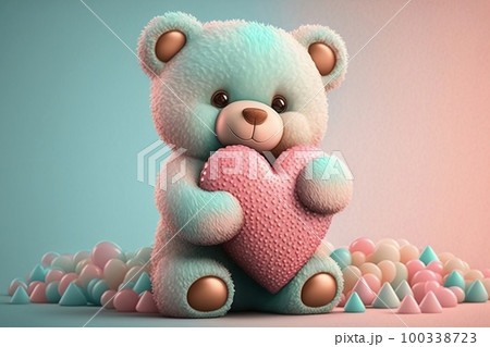 Pastel teddy bear with pink heart. Cute plush children's toy. Generative AI. 100338723