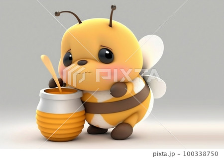 Cute sad fat bee. Little cartoon bee with a pot...のイラスト素材 [100338750 ...