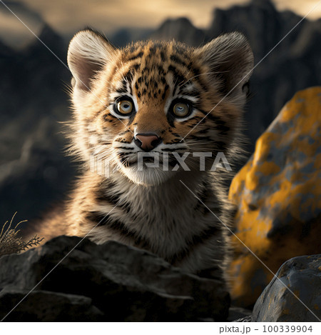 Little tiger cub in the mountains 100339904
