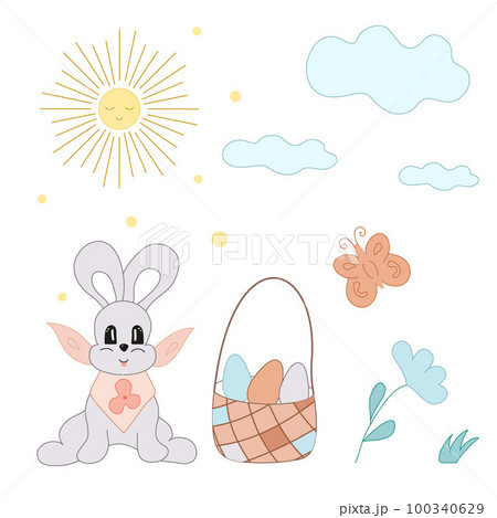 Vector card rabbit, bunny, butterfly, eggs Easter in bascket, sun, cloude. Doodle style illustration Vector card rabbit, bunny, butterfly, eggs Easter in bascket, sun, cloude. Doodle style illustration 100340629