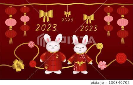Chinese new year. Rabbits, bunnies, hare in red kimono, Lanterns, bow, 2023, monet Vector illustration. Chinese new year. Rabbits, bunnies, hare in red kimono, Lanterns, bow, 2023, monet Vector illustration. 100340702