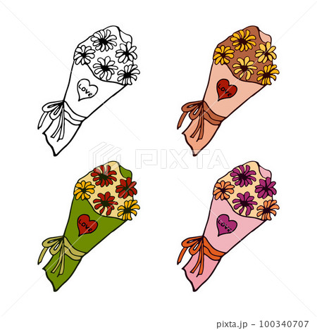 Flowers bouquet in wrapping paper wirh ribbon doodle hand draw. Vector illustration Colors chamomile 100340707