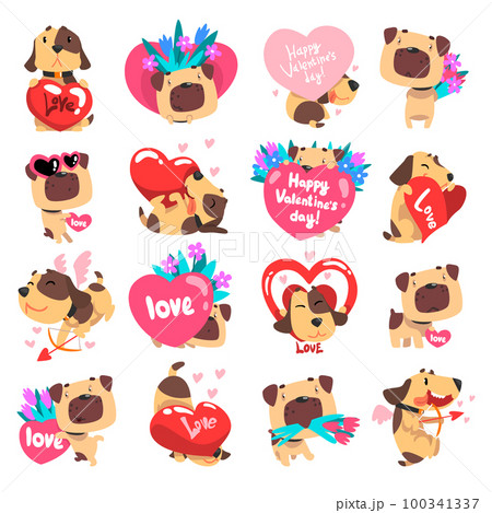 Funny Dog with Flower Bouquet and Valentine Love Heart Big Vector Set 100341337