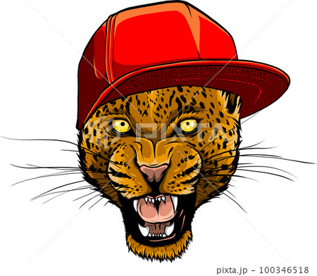 Portrait of a leopard with hip pop hat 100346518