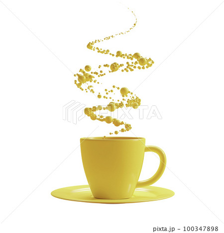 Yellow coffee mug and yellow circles gather together to form smoke. Designed in minimal concept. Transparent background. Yellow coffee mug and yellow circles gather together to form smoke. Designed in minimal concept. Transparent background. 100347898