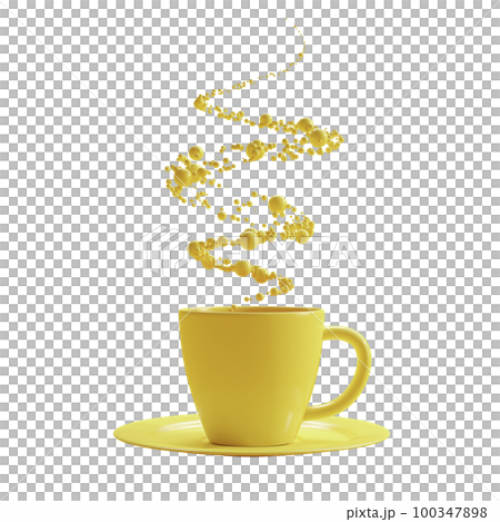 Yellow coffee mug and yellow circles gather together to form smoke. Designed in minimal concept. Transparent background. Yellow coffee mug and yellow circles gather together to form smoke. Designed in minimal concept. Transparent background. 100347898