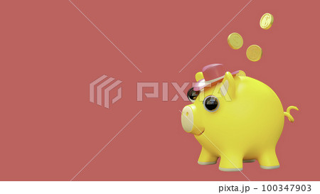 Yellow piggy bank wearing pink hat. Designed in minimal concept. purple background and clipping path. Yellow piggy bank wearing pink hat. Designed in minimal concept. purple background and clipping path. 100347903