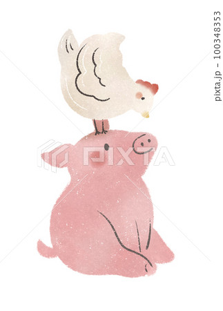 水彩風　かわいいブタとニワトリのイラスト素材 100348353