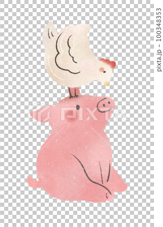 水彩風格的可愛豬和雞的插圖素材 100348353