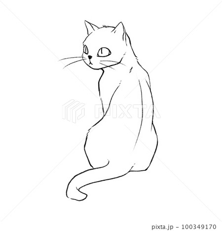 The rear view of the cat sitting on the floor looking to the left. 100349170