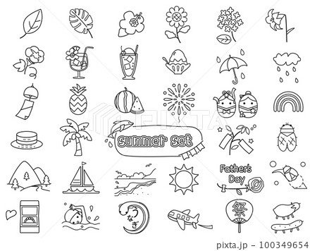 海や向日葵・アジサイなどの初夏から夏の行事や植物をイメージしたイラストのセット 線画・塗り絵バージョ 海や向日葵・アジサイなどの初夏から夏の行事や植物をイメージしたイラストのセット 線画・塗り絵バージョ 100349654