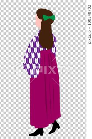 一個穿著袴向前走的女學生,後視圖,和服,左圖 一個穿著袴向前走的女學生,後視圖,和服,左圖 100349702