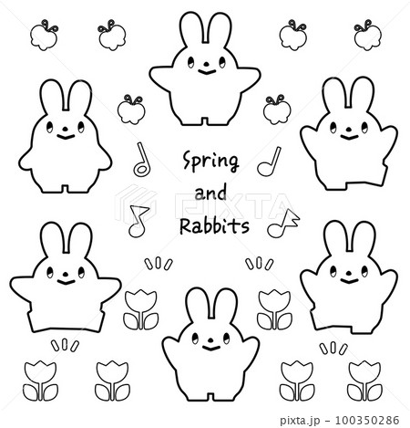 春の素材とうさぎのセット_線画 100350286