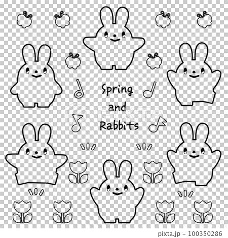 春の素材とうさぎのセット_線画 100350286