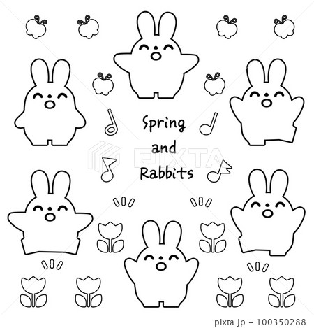 春の素材とうさぎのセット_線画 100350288