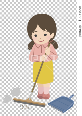 ほうきで掃除する女児 100350961