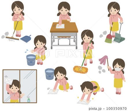 掃除する女児のポーズセット 100350970