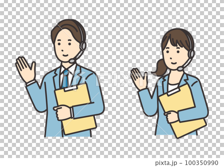 Illustration set of female and male operators who guide with materials Illustration set of female and male operators who guide with materials 100350990