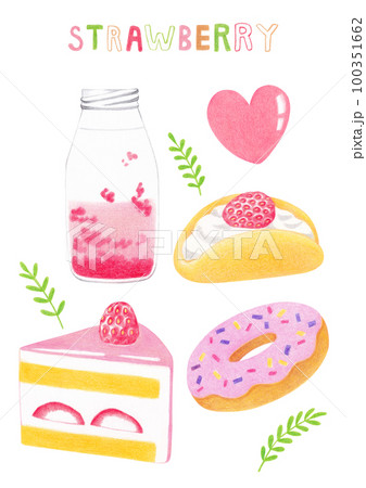 Strawberry dessert illustration drawn with colored pencils. Strawberry dessert illustration drawn with colored pencils. 100351662