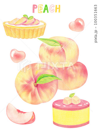 Peach and dessert illustration drawn with colored pencils. Peach and dessert illustration drawn with colored pencils. 100351663