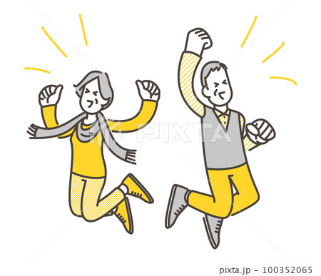 元気なシニア男性と女性が笑顔でジャンプして喜ぶ【人物ベクターイラスト素材】 元気なシニア男性と女性が笑顔でジャンプして喜ぶ【人物ベクターイラスト素材】 100352065