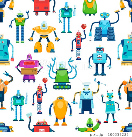 Cartoon robot characters seamless pattern. Future technologies cute toy and bot vector personages background. Space monster machines, artificial intelligence androids, humanoid cyborgs and droids Cartoon robot characters seamless pattern. Future technologies cute toy and bot vector personages background. Space monster machines, artificial intelligence androids, humanoid cyborgs and droids 100352283