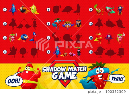 Shadow match game cartoon superhero and defender berry characters. Vector children logic activity with honeyberry, black currant, gooseberry or raspberry. Cloudberry, blackberry, blueberry or barberry 100352309