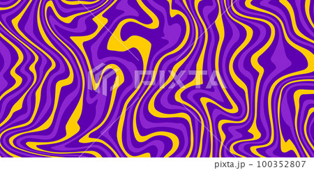 Retro groovy background. Wavy vintage trippy psychedelic wallpaper. Purple yellow pattern, cover, poster in 60s or 70s style. Liquid hippie texture. Vector 100352807