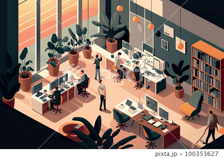 Set of Isometric in Flat Design, abstract office floor interior departments concept , Vector Illustrations for Business Workflow, R&D, and Marketing Material, depicting a busy office environment. 100353627