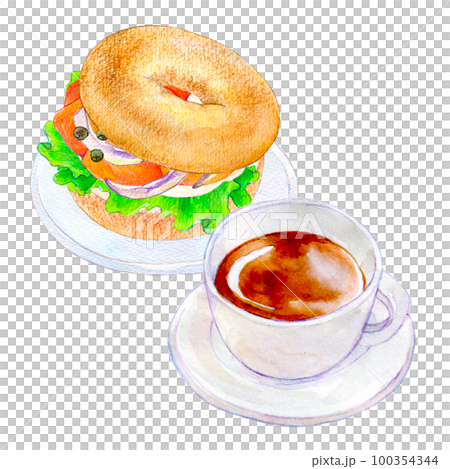 咖啡和百吉餅水彩插圖 100354344