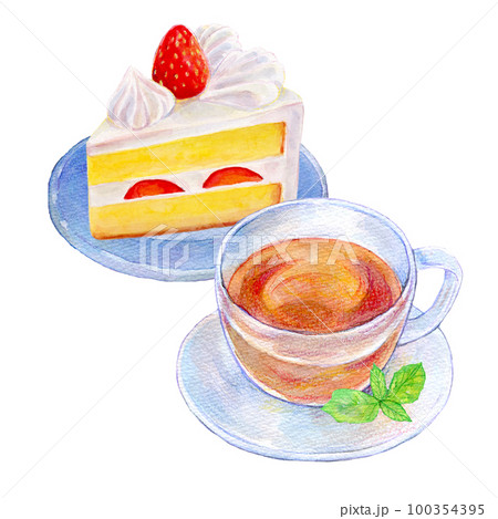 紅茶とショートケーキ 水彩イラスト 紅茶とショートケーキ 水彩イラスト 100354395