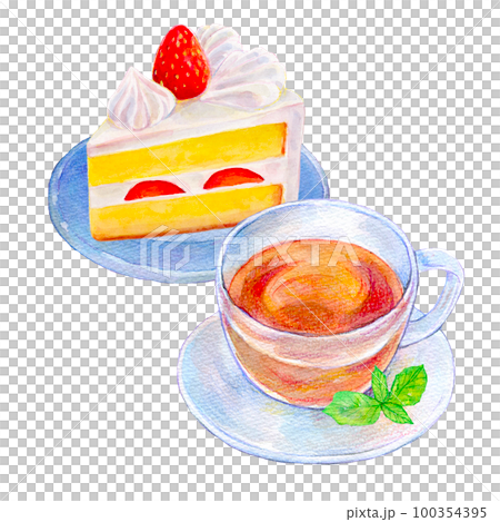 紅茶とショートケーキ 水彩イラスト 紅茶とショートケーキ 水彩イラスト 100354395