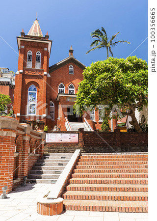 Redbrick building view of Tamsui Church in New Taipei City, Taiwan. The church was built in a mock-Gothic style. 100356665