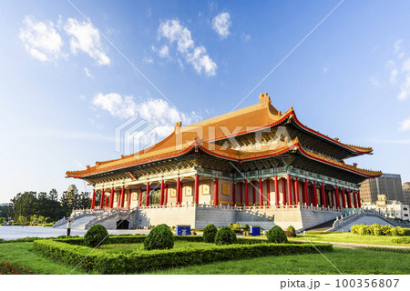 Building view of the National theater in the National Taiwan Democracy Memorial Hall, Taipei, Taiwan. Magnificent Chinese-style palace building. 100356807