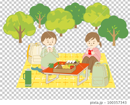 ハイキングに来てレジャーシートを広げ、お弁当を食べる若い女性 ハイキングに来てレジャーシートを広げ、お弁当を食べる若い女性 100357343