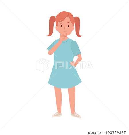 Full length of children cute little girl stand and thinking. Flat cartoon vector illustration Full length of children cute little girl stand and thinking. Flat cartoon vector illustration 100359877