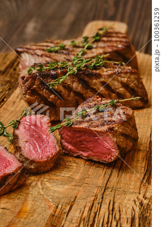 Closeup view of medium rare beef steak 100361259