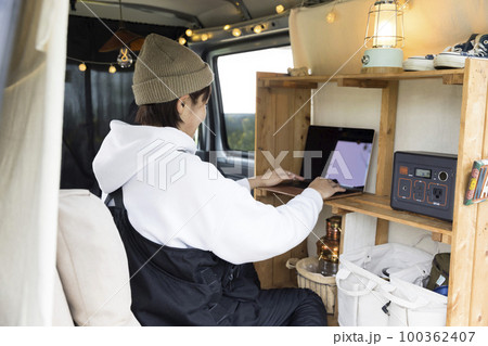 旅をしながら車内で仕事をする若い女性 ワーケーション テレワークイメージ 旅をしながら車内で仕事をする若い女性 ワーケーション テレワークイメージ 100362407