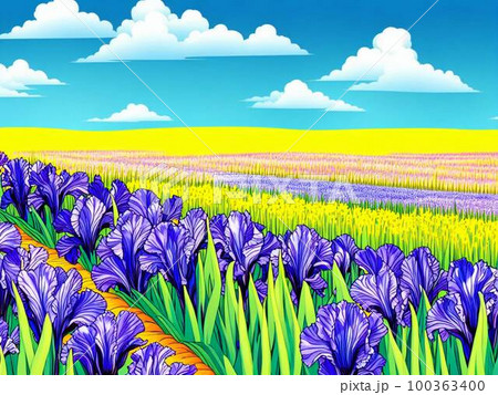 花菖蒲園・青い花・AIイラスト 花菖蒲園・青い花・AIイラスト 100363400