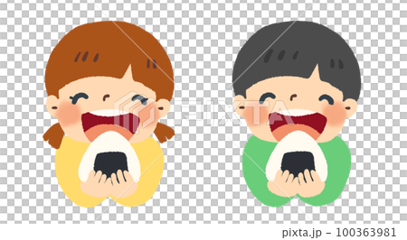 おにぎりをおいしそうに食べる女の子と男の子のイラストセット おにぎりをおいしそうに食べる女の子と男の子のイラストセット 100363981