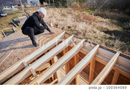 Carpenter hammering nail into OSB panel on the roof top of future cottage. Man worker building wooden frame house. Carpentry and construction concept. 100364089
