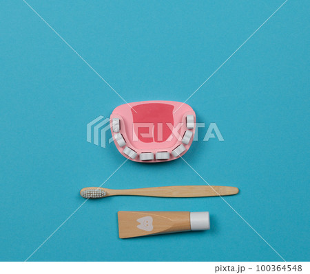 Game dental kit. a toy jaw with teeth, a toothbrush and dental floss. Flatlay on a blue background. Game dental kit. a toy jaw with teeth, a toothbrush and dental floss. Flatlay on a blue background. 100364548