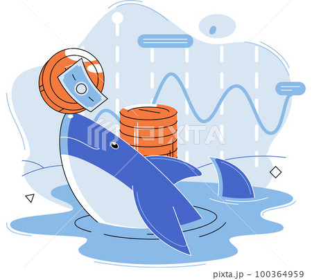 Shark emerges from water and holds gold coins on its nose. Inexperienced investor, bad investment 100364959