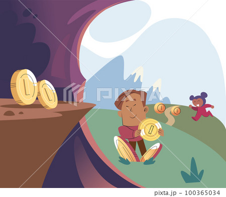 Happy man power from gaming with cryptocurrency, gameplay to earn, NFT, Metaverse, digital world 100365034