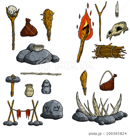 Set of items of primitive man and hunter. Weapons of caveman. Stone age hammer, axe and club. Lifestyle and tool. Cartoon illustration 100365824