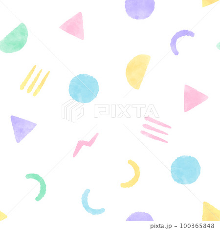 ポップなパステルカラーの幾何学模様のシームレス背景 かわいい手描きの水彩イラスト 100365848