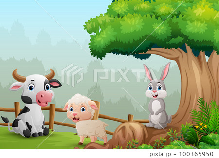 Cartoon farm animals in the jungle 100365950