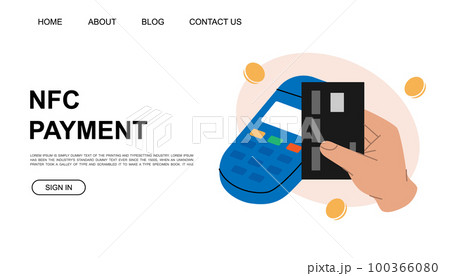 NFC payment website template. Credit card payment with POS terminal. Mobile banking app and e-payment illustration for landing page, advertising page. NFC payment website template. Credit card payment with POS terminal. Mobile banking app and e-payment illustration for landing page, advertising page. 100366080