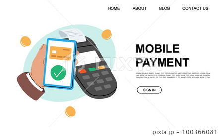 NFC payment website template. Smartphone paying with POS terminal. Mobile banking app and e-payment illustration for landing page, advertising page. NFC payment website template. Smartphone paying with POS terminal. Mobile banking app and e-payment illustration for landing page, advertising page. 100366081