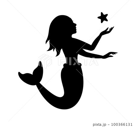 Silhouette of beautiful mermaid. Mythical tale character logo. Little creature with tail. Magical mermaid black symbol 100366131